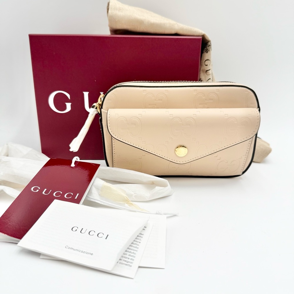 Gucci Beige Embossed Leather Crossbody Bag with Gold Tone Detail